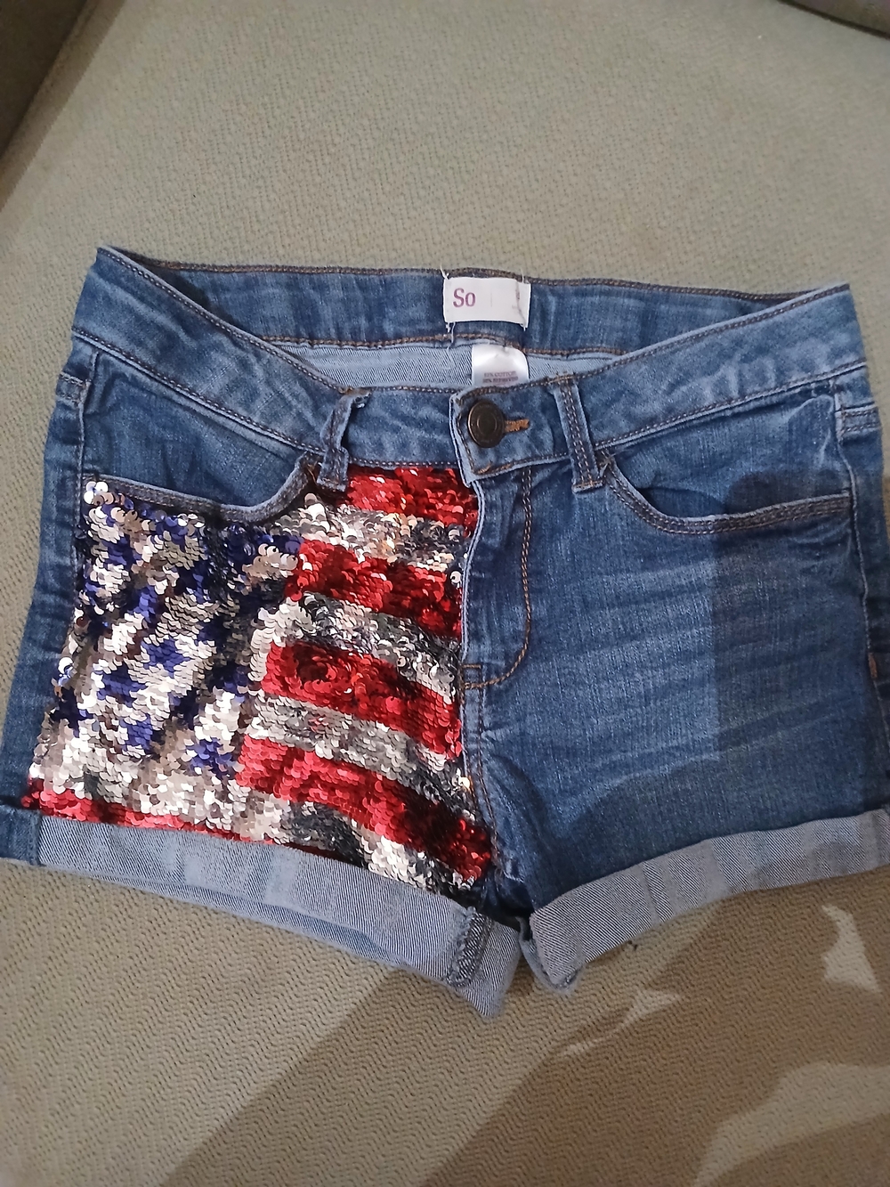 So Denim Girls Blue Jean Shorts with Sequin American Flag Accent Size 14 Youth